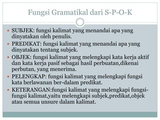 Fungsi Gramatikal dari S-P-O-K
 SUBJEK: fungsi kalimat yang menandai apa yang
dinyatakan oleh penulis.
 PREDIKAT: fungsi kalimat yang menandai apa yang
dinyatakan tentang subjek.
 OBJEK: fungsi kalimat yang melengkapi kata kerja aktif
dan kata kerja pasif sebagai hasil perbuatan,dikenai
perbutan, yang menerima.
 PELENGKAP: fungsi kalimat yang melengkapi fungsi
kata berlawanan ber-dalam predikat.
 KETERANGAN:fungsi kalimat yang melengkapi fungsi-
fungsi kalimat,yaitu melengkapi subjek,predikat,objek
atau semua unsure dalam kalimat.
 