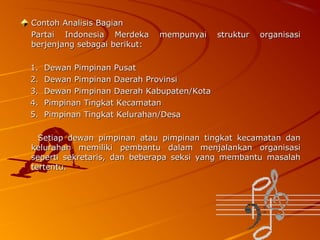 Contoh Analisis Bagian
Partai Indonesia Merdeka
berjenjang sebagai berikut:
1.
2.
3.
4.
5.

mempunyai

struktur

organisasi

Dewan Pimpinan Pusat
Dewan Pimpinan Daerah Provinsi
Dewan Pimpinan Daerah Kabupaten/Kota
Pimpinan Tingkat Kecamatan
Pimpinan Tingkat Kelurahan/Desa

Setiap dewan pimpinan atau pimpinan tingkat kecamatan dan
kelurahan memiliki pembantu dalam menjalankan organisasi
seperti sekretaris, dan beberapa seksi yang membantu masalah
tertentu.

 