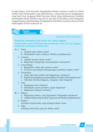 105Perlindungan Satwa
di pipi kirinya. Jack berusaha mengabaikan betapa serasinya wanita ini dalam
setelan linen hitam-putih yang dikenakannya, yang jatuh pas di pinggangnya
yang kecil; ikat pinggang lebar berwama hitam yang dikenakannya semakin
menonjolkan lekuk feminin yang ada di atas dan di bawahnya. Jack melegakan
tenggorokannya dan berpaling, mengingatkan diri bahwa ia punya aturan sendiri
menyangkut hal-hal semacam ini.
Kerjakan di buku tugasmu!
Bentuklah kelompok yang terdiri atas empat anggota!
Analisislah unsur intrinsik dan ekstrinsik novel di atas dengan
menjawab pertanyaan berikut ini!
A. 1. Tema
a. Apakah tema dalam cerita?
b. Menarikkah tema ceritanya? Berikan penjelasanmu!
2. Amanat
a. Apakah amanat dalam cerita?
b. Bagaimana pengarang menyampaikan amanatnya?
3. Latar/setting
a. Bagaimana waktu dan suasana cerita?
b. Di mana saja tempat berlangsungnya peristiwa dalam cerita?
4. Penokohan
a. Siapa saja nama pelaku dan bagaimana wataknya?
b. Bagaimana pengarang menampilkan karakter tokoh/pelakunya?
c. Tentukan tokoh protagonis, antagonis, dan tritagonis!
5. Alur
a. Bagaimana alur ceritanya?
b. Mudahkah urutan peristiwa dapat dipahami?
c. Bagaimana tahapan ceritanya?
B. 1. Bahasa
a. Bagaimana bahasa yang digunakan? Mudahkah dipahami?
b. Apakah istilah asing banyak yang muncul? Berikan penjelasanmu!
2. Budaya
Tentukan budaya/adat yang terdapat dalam cerita.
3. Nilai
Tentukan nilai-nilai yang ada dalam cerita.
3
 