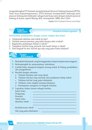 124 Bahasa Indonesia Kelas XI SMA/MA Program IPA dan IPS
mengembangkan PT Nurtanio menjadi Industri Pesawat Terbang Nasional (IPTN).
Pada masa kepemimpinannya, IPTN berhasil memproduksi beberapa jenis
pesawat terbang dan helikopter sebagai hasil kerja sama dengan industri pesawat
terbang di dunia, seperti Boeing, Bell, Aerospatiale, MBB, dan CASA.
Sumber: Dari Ensiklopedi Umum untuk Pelajar
Kerjakan di buku tugasmu!
Tuliskanlah pendapatmu dengan uraian singkat dan jelas!
1. Tuliskanlah identitas dari tokoh di atas?
2. Tulislah prestasi-prestasi yang telah dicapai oleh si tokoh!
3. Bagaimana perjuangan hidup si tokoh?
4. Tunjukkan hal-hal yang menarik dari kisah hidup si tokoh!
5. Dari biografi di atas, hal-hal apa saja yang patut kamu teladani?
1. Bentuklah kelompok yang beranggotakan empat sampai enam anggota.
2. Berkunjunglah ke perpustakaan sekolahmu.
3. Carilah buku mengenai biografi seorang tokoh di bidang pendidikan
dan pengetahuan.
4. Bacalah dengan saksama.
a. Tulislah identitas dari sang tokoh.
b. Tuliskan hal-hal yang menarik dari perjalanan hidup tokoh.
c Tuliskan hal-hal yang patut diteladani.
d. Tuliskan cerita singkat tentang hidupnya.
e. Kesimpulan mengenai isi biografi tersebut.
5. Laporkan dalam format sebagai berikut.
Judul buku : ____________________________________________
Pengarang : ____________________________________________
Penerbit : ____________________________________________
Tebal buku : ____________________________________________
Identitas tokoh : ____________________________________________
____________________________________________
Keistimewaan tokoh : _______________________________________
Hal yang patut diteladani : ___________________________________
5
3
 