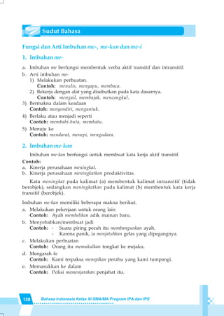 128 Bahasa Indonesia Kelas XI SMA/MA Program IPA dan IPS
Fungsi dan Arti Imbuhan me-, me-kan dan me-i
1. Imbuhan me-
a. Imbuhan me berfungsi membentuk verba aktif transitif dan intransitif.
b. Arti imbuhan me-
1) Melakukan perbuatan.
Contoh: menulis, menyapu, membaca.
2) Bekerja dengan alat yang disebutkan pada kata dasarnya.
Contoh: mengail, membajak, mencangkul.
3) Bermakna dalam keadaan
Contoh: menyendiri, mengantuk.
4) Berlaku atau menjadi seperti
Contoh: membabi-buta, membatu.
5) Menuju ke
Contoh: mendarat, menepi, mengudara.
2. Imbuhan me-kan
Imbuhan me-kan berfungsi untuk membuat kata kerja aktif transitif.
Contoh:
a. Kinerja perusahaan meningkat.
b. Kinerja perusahaan meningkatkan produktivitas.
Kata meningkat pada kalimat (a) membentuk kalimat intransitif (tidak
berobjek), sedangkan meningkatkan pada kalimat (b) membentuk kata kerja
transitif (berobjek).
Imbuhan me-kan memiliki beberapa makna berikut.
a. Melakukan pekerjaan untuk orang lain
Contoh: Ayah membelikan adik mainan baru.
b. Menyebabkan/membuat jadi
Contoh: - Suara piring pecah itu membangunkan ayah.
- Karena panik, ia menjatuhkan gelas yang dipegangnya.
c. Melakukan perbuatan
Contoh: Orang itu memukulkan tongkat ke mejaku.
d. Mengarah ke
Contoh: Kami terpaksa menepikan perahu yang kami tumpangi.
e. Memasukkan ke dalam
Contoh: Polisi memenjarakan penjahat itu.
 