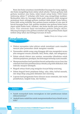 130 Bahasa Indonesia Kelas XI SMA/MA Program IPA dan IPS
Refleksi
• Sudah mampukah kamu merangkum isi dari pembicaraan dalam
diskusi/seminar?
• Apakah kamu sudah bisa untuk mempresentasikan karya ilmiah secara
baik?
• Diskusi merupakan tukar pikiran untuk memahami suatu masalah,
mencari jalan pemecahan untuk mengatasi masalah.
• Narasumber adalah orang yang dianggap ahli atau mengetahui secara
jelas mengenai sesuatu (masalah, ilmu, berita, objek, dan sebagainya).
• Dalam sebuah diskusi atau seminar, narasumber dihadirkan untuk
dimintai penjelasan, pendapat, dan keterangan terhadap suatu masalah.
• Mempresentasikan hasil penelitian berarti melaporkan secara lisan dan
sistematis hasil dari penelitian (karya ilmiah) yang telah dilakukan, baik
individu maupun kelompok.
• Biografi artinya kisah yang mengulas riwayat hidup seseorang.
• Dalam biografi berisi perjalanan hidup, suka, duka, hal-hal menarik,
dan sikap-sikap yang patut diteladani dari seseorang.
• Laporan hasil pengamatan harus disusun secara sistematis, dari mulai
pendahuluan, langkah kerja, dan hasilnya.
Bumi dan bulan senantiasa menimbulkan bayangan ke ruang angkasa,
dan bulan mengelilingi bumi sekitar sekali sebulan. Namun gerhana, baik
gerhana matahari atau bulan, tidak terjadi setiap bulan. Orbit bulan
melenceng sekitar 5° terhadap orbit bumi yang mengelilingi matahari.
Berdasarkan fakta ini, bayangan bulan pada umumnya tidak mengenai
permukaan bumi sehingga gerhana matahari tidak terjadi. Sama halnya,
bulan lebih sering terhindar dari gerhana karena melintas di atas atau di
bawah bayangan bumi. Jadi, gerhana matahari atau gerhana bulan hanya
dapat terjadi ketika bumi, matahari, dan bulan berada pada posisi garis
lurus. Para astronom dapat meramalkan gerhana dengan akurat.
Sekurang-kurangnya dua gerhana matahari dan tiga gerhana bulan dapat
terlihat setiap tahun dari berbagai kawasan di bumi.
Sumber: Dikutip dari berbagai sumber
 
