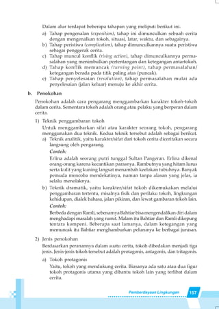 157Pemberdayaan Lingkungan
Dalam alur terdapat beberapa tahapan yang meliputi berikut ini.
a) Tahap pengenalan (exposition), tahap ini dimunculkan sebuah cerita
dengan mengenalkan tokoh, situasi, latar, waktu, dan sebagainya.
b) Tahap peristiwa (complication), tahap dimunculkannya suatu peristiwa
sebagai penggerak cerita.
c) Tahap muncul konflik (rising action), tahap dimunculkannya perma-
salahan yang menimbulkan pertentangan dan ketegangan antartokoh.
d) Tahap konflik memuncak (turning point), tahap permasalahan/
ketegangan berada pada titik paling atas (puncak).
e) Tahap penyelesaian (resolution), tahap permasalahan mulai ada
penyelesaian (jalan keluar) menuju ke akhir cerita.
b. Penokohan
Penokohan adalah cara pengarang menggambarkan karakter tokoh-tokoh
dalam cerita. Sementara tokoh adalah orang atau pelaku yang berperan dalam
cerita.
1) Teknik penggambaran tokoh
Untuk menggambarkan sifat atau karakter seorang tokoh, pengarang
menggunakan dua teknik. Kedua teknik tersebut adalah sebagai berikut.
a) Teknik analitik, yaitu karakter/sifat dari tokoh cerita diceritakan secara
langsung oleh pengarang.
Contoh:
Erlina adalah seorang putri tunggal Sultan Pangeran. Erlina dikenal
orang-orang karena kecantikan parasnya. Rambutnya yang hitam lurus
serta kulit yang kuning langsat menambah keelokan tubuhnya. Banyak
pemuda mencoba mendekatinya, namun tanpa alasan yang jelas, ia
selalu menolaknya.
b) Teknik dramatik, yaitu karakter/sifat tokoh dikemukakan melalui
penggambaran tertentu, misalnya fisik dan perilaku tokoh, lingkungan
kehidupan, dialek bahasa, jalan pikiran, dan lewat gambaran tokoh lain.
Contoh:
Berbeda dengan Ramli, sebenarnya Bahtiar bisa mengendalikan diri dalam
menghadapi masalah yang rumit. Malam itu Bahtiar dan Ramli dikepung
tentara kompeni. Beberapa saat lamanya, dalam ketegangan yang
memuncak itu Bahtiar menghamburkan pelurunya ke berbagai jurusan.
2) Jenis penokohan
Berdasarkan peranannya dalam suatu cerita, tokoh dibedakan menjadi tiga
jenis. Jenis-jenis tokoh tersebut adalah protagonis, antagonis, dan tritagonis.
a) Tokoh protagonis
Yaitu, tokoh yang mendukung cerita. Biasanya ada satu atau dua figur
tokoh protagonis utama yang dibantu tokoh lain yang terlibat dalam
cerita.
 