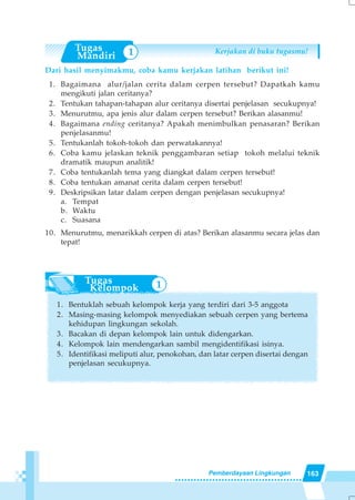 163Pemberdayaan Lingkungan
Kerjakan di buku tugasmu!
Dari hasil menyimakmu, coba kamu kerjakan latihan berikut ini!
1. Bagaimana alur/jalan cerita dalam cerpen tersebut? Dapatkah kamu
mengikuti jalan ceritanya?
2. Tentukan tahapan-tahapan alur ceritanya disertai penjelasan secukupnya!
3. Menurutmu, apa jenis alur dalam cerpen tersebut? Berikan alasanmu!
4. Bagaimana ending ceritanya? Apakah menimbulkan penasaran? Berikan
penjelasanmu!
5. Tentukanlah tokoh-tokoh dan perwatakannya!
6. Coba kamu jelaskan teknik penggambaran setiap tokoh melalui teknik
dramatik maupun analitik!
7. Coba tentukanlah tema yang diangkat dalam cerpen tersebut!
8. Coba tentukan amanat cerita dalam cerpen tersebut!
9. Deskripsikan latar dalam cerpen dengan penjelasan secukupnya!
a. Tempat
b. Waktu
c. Suasana
10. Menurutmu, menarikkah cerpen di atas? Berikan alasanmu secara jelas dan
tepat!
1. Bentuklah sebuah kelompok kerja yang terdiri dari 3-5 anggota
2. Masing-masing kelompok menyediakan sebuah cerpen yang bertema
kehidupan lingkungan sekolah.
3. Bacakan di depan kelompok lain untuk didengarkan.
4. Kelompok lain mendengarkan sambil mengidentifikasi isinya.
5. Identifikasi meliputi alur, penokohan, dan latar cerpen disertai dengan
penjelasan secukupnya.
1
1
 