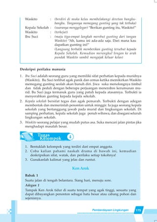 175Pemberdayaan Lingkungan
4
Waskito : (berdiri di muka kelas membelakangi deretan bangku-
bangku. Tangannya memegang gunting yang tak terbuka)
Kepala Sekolah : (suaranya menggelegar) “Berikan gunting itu, Waskito!”
Waskito : (terkejut)
Ibu Suci : (maju tiga-empat langkah merebut gunting dari tangan
Waskito) “Ah, kamu ini ada-ada saja. Dari mana kau
dapatkan gunting ini!”
(Langsung berbalik memberikan gunting tersebut kepada
Kepala Sekolah. Kemudian merangkul lengan ke arah
pundak Waskito sambil mengajak keluar kelas)
Deskripsi perilaku manusia
1. Ibu Suci adalah seorang guru yang memiliki sifat perhatian kepada muridnya
(Waskito). Bu Suci terlihat agak panik dan cemas ketika memikirkan Waskito
memegang gunting seolah akan bunuh diri. Jiwa suka menolongnya timbul
dan tidak peduli dengan beberapa perjuangan menerobos kerumunan mu-
rid. Bu Suci juga termasuk guru yang patuh kepada atasannya. Terbukti ia
menyerahkan gunting kepada kepala sekolah.
2. Kepala sekolah bersifat tegas dan agak pemarah. Terbukti dengan adegan
membentak dan memerintah penonton untuk minggir. Ia juga seorang kepala
sekolah yang bertanggung jawab pada murid dan lingkungan sekolah. Di
samping perhatian, kepala sekolah juga penuh wibawa, dan disegani seluruh
lingkungan sekolah.
3. Waskito seorang pelajar yang mudah putus asa. Suka mencari jalan pintas jika
menghadapi masalah besar.
1. Bentuklah kelompok yang terdiri dari empat anggota.
2. Coba kalian pahami naskah drama di bawah ini, kemudian
deskripsikan sifat, watak, dan perilaku setiap tokohnya!
3. Gunakanlah kalimat yang jelas dan runtut.
KenArok
Babak 1
Suatu jalan di tengah belantara. Siang hari, menuju sore.
Adegan 1
Tampak Ken Arok tidur di suatu tempat yang agak tinggi, sesuatu yang
dapat dibayangkan penonton sebagai batu besar atau cabang pohon dan
sejenisnya.
 
