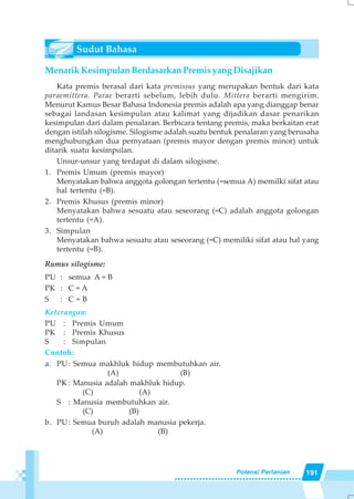 191Potensi Pertanian
Menarik Kesimpulan Berdasarkan Premis yang Disajikan
Kata premis berasal dari kata premissus yang merupakan bentuk dari kata
paraemittera. Parae berarti sebelum, lebih dulu. Mittera berarti mengirim.
Menurut Kamus Besar Bahasa Indonesia premis adalah apa yang dianggap benar
sebagai landasan kesimpulan atau kalimat yang dijadikan dasar penarikan
kesimpulan dari dalam penalaran. Berbicara tentang premis, maka berkaitan erat
dengan istilah silogisme. Silogisme adalah suatu bentuk penalaran yang berusaha
menghubungkan dua pernyataan (premis mayor dengan premis minor) untuk
ditarik suatu kesimpulan.
Unsur-unsur yang terdapat di dalam silogisme.
1. Premis Umum (premis mayor)
Menyatakan bahwa anggota golongan tertentu (=semua A) memilki sifat atau
hal tertentu (=B).
2. Premis Khusus (premis minor)
Menyatakan bahwa sesuatu atau seseorang (=C) adalah anggota golongan
tertentu (=A).
3. Simpulan
Menyatakan bahwa sesuatu atau seseorang (=C) memiliki sifat atau hal yang
tertentu (=B).
Rumus silogisme:
PU : semua A = B
PK : C = A
S : C = B
Keterangan:
PU : Premis Umum
PK : Premis Khusus
S : Simpulan
Contoh:
a. PU: Semua makhluk hidup membutuhkan air.
(A) (B)
PK : Manusia adalah makhluk hidup.
(C) (A)
S : Manusia membutuhkan air.
(C) (B)
b. PU: Semua buruh adalah manusia pekerja.
(A) (B)
 