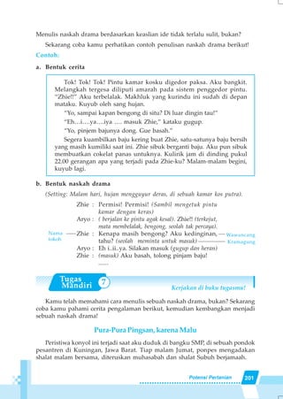 201Potensi Pertanian
7
Menulis naskah drama berdasarkan keaslian ide tidak terlalu sulit, bukan?
Sekarang coba kamu perhatikan contoh penulisan naskah drama berikut!
Contoh:
a. Bentuk cerita
Tok! Tok! Tok! Pintu kamar kosku digedor paksa. Aku bangkit.
Melangkah tergesa diliputi amarah pada sistem penggedor pintu.
“Zhie!!” Aku terbelalak. Makhluk yang kurindu ini sudah di depan
mataku. Kuyub oleh sang hujan.
“Yo, sampai kapan bengong di situ? Di luar dingin tau!”
“Eh…i….ya….iya …. masuk Zhie,” kataku gugup.
“Yo, pinjem bajunya dong. Gue basah.”
Segera kuambilkan baju kering buat Zhie, satu-satunya baju bersih
yang masih kumiliki saat ini. Zhie sibuk berganti baju. Aku pun sibuk
membuatkan cokelat panas untuknya. Kulirik jam di dinding pukul
22.00 gerangan apa yang terjadi pada Zhie-ku? Malam-malam begini,
kuyub lagi.
b. Bentuk naskah drama
(Setting: Malam hari, hujan mengguyur deras, di sebuah kamar kos putra).
Zhie : Permisi! Permisi! (Sambil mengetuk pintu
kamar dengan keras)
Aryo : ( berjalan ke pintu agak kesal). Zhie!! (terkejut,
mata membelalak, bengong, seolah tak percaya).
Zhie : Kenapa masih bengong? Aku kedinginan,
tahu? (seolah meminta untuk masuk)
Aryo : Eh i..ii..ya. Silakan masuk (gugup dan heran)
Zhie : (masuk) Aku basah, tolong pinjam baju!
......
Kerjakan di buku tugasmu!
Kamu telah memahami cara menulis sebuah naskah drama, bukan? Sekarang
coba kamu pahami cerita pengalaman berikut, kemudian kembangkan menjadi
sebuah naskah drama!
Pura-Pura Pingsan, karena Malu
Peristiwa konyol ini terjadi saat aku duduk di bangku SMP, di sebuah pondok
pesantren di Kuningan, Jawa Barat. Tiap malam Jumat, ponpes mengadakan
shalat malam bersama, diteruskan muhasabah dan shalat Subuh berjamaah.
Nama
tokoh
Wawancang
Kramagung
 
