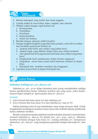 14 Bahasa Indonesia Kelas XI SMA/MA Program IPA dan IPS
1. Bentuk kelompok yang terdiri dari enam anggota.
2. Carilah artikel di surat kabar, buku, majalah, atau internet.
3. Pilihlah artikel dengan topik berikut ini!
a. Kemanusiaan
b. Pendidikan
c. Kesehatan
d. Kependudukan
e. Sosial dan budaya
2. Bacalah dengan saksama artikel tersebut.
3. Dengan langkah-langkah yang telah kamu pelajari, coba tulis isi artikel
dan jawablah pertanyaan berikut ini.
a. Apakah judul buku atau artikel yang kalian baca?
b. Apakah topik yang dibahas dalam buku atau artikel tersebut?
c. Apa sajakah hal-hal yang menarik dari buku atau artikel yang kalian
baca?
d. Rangkumlah hasil membacamu dalam bentuk ringkasan!
e. Sampaikan secara lisan uraian hasil informasi tersebut di depan
kelas.
f. Kelompok lain memberi masukan dan tanggapan.
4. Laporkan secara lisan di depan kelompok lain.
Imbuhan Ambigu (pe-, per, dan pe-an)
Imbuhan pe-, per-, pe-an dalam bentukan kata sering menimbulkan ambigu
karena pembentukan kedua imbuhan tersebut ada yang sama, yakni kedua-
duanya dapat menjadi pe- (perwujudan dari per- dan pe-)
Contoh:
1. pelari berasal dari kata dasar lari dan imbuhan per-
2. pelicin berasal dari kata dasar licin dan imbuhan pe- atau pe (N)
Sekilas bentukan kata di atas berimbuhan sama tetapi ternyata tidak. Untuk
menghindari keambiguan tersebut, kamu harus tahu terlebih dahulu pembentuk
kedua imbuhan tersebut.
Bentuk variasi perwujudan imbuhan tersebut disebut alomorf (variasi bentuk).
Alomorf imbuhan pe- atau pe (N) adalah pem-, pen-, peny-, dan pe-. Imbuhan
tersebut bertalian dengan kata kerja me-, sedang imbuhan per- mempunyai
alomorf pe-, pel-, dan per- yang mempunyai pertalian dengan kata kerja ber- atau
di-.
2
 