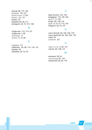 217Indeks
penyaji 80, 113, 135
pestisida 188, 189
point of view 17, 84
premis 191, 192
prolog 137
proposal 64, 65, 117
protagonis 52, 73, 157, 158
R
rangkuman 113, 114, 187
rangkuman 5, 29
resensator 21
resensi 21, 22, 80
S
silogisme 191
sistematis 64, 96, 114, 116, 190
spesies 94
sutradara 52, 73, 78
T
tajuk rencana 144, 145
tanggapan 113, 135, 164
tema 5, 19, 178
tempo 60, 138, 198
topik 10, 29, 65, 113, 145
tritagonis 52, 73, 157
U
unsur intrinsik 83, 100, 156, 178
unsur ekstrinsik 83, 100, 156, 178
ustad 35
ustadzah 202
V
video 11, 12, 13, 94, 131
volume 60, 138, 198
W
wartawan 29, 55
wawancang 34, 200
wawancara 29, 55, 118
 