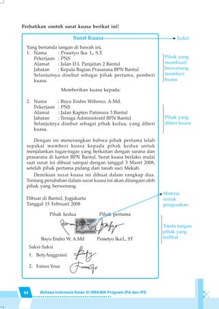 44 Bahasa Indonesia Kelas XI SMA/MA Program IPA dan IPS
Perhatikan contoh surat kuasa berikut ini!
Surat Kuasa
Yang bertanda tangan di bawah ini,
1. Nama : Prasetyo Ika. L, S.T.
Pekerjaan : PNS
Alamat : Jalan D.I. Panjaitan 2 Bantul
Jabatan : Kepala Bagian Prasarana BPN Bantul
Selanjutnya disebut sebagai pihak pertama, pemberi
kuasa.
Memberikan kuasa kepada:
2. Nama : Bayu Endro Wibowo, A.Md.
Pekerjaan : PNS
Alamat : Jalan Kapten Patimura 3 Bantul
Jabatan : Tenaga Administratif BPN Bantul
Selanjutnya disebut sebagai pihak kedua, yang diberi
kuasa.
Dengan ini menerangkan bahwa pihak pertama telah
sepakat memberi kuasa kepada pihak kedua untuk
menjalankan tugas-tugas yang berkaitan dengan sarana dan
prasarana di kantor BPN Bantul. Surat kuasa berlaku mulai
saat surat ini dibuat sampai dengan tanggal 3 Maret 2008,
setelah pihak pertama pulang dari tanah suci Mekah.
Demikian surat kuasa ini dibuat dalam rangkap dua.
Tentang perubahan dalam surat kuasa ini akan ditangani oleh
pihak yang berwenang.
Dibuat di Bantul, Jogjakarta
Tanggal 15 Februari 2008
Pihak kedua Pihak pertama
Bayu Endro W, A.Md Prasetyo Ika.L, ST
Saksi-Saksi
1. BetyAnggraini
2. Fairus Yosa
142443
Pihak yang
membuat/
berwenang
memberi
kuasa
142443
Pihak yang
diberi kuasa
Judul
Materai
untuk
pengesahan
142443
Tanda tangan
pihak yang
terlibat
SPECIM
EN
 