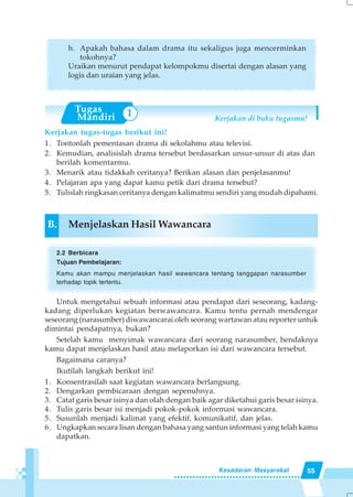 55Kesadaran Masyarakat
h. Apakah bahasa dalam drama itu sekaligus juga mencerminkan
tokohnya?
Uraikan menurut pendapat kelompokmu disertai dengan alasan yang
logis dan uraian yang jelas.
Kerjakan tugas-tugas berikut ini!
1. Tontonlah pementasan drama di sekolahmu atau televisi.
2. Kemudian, analisislah drama tersebut berdasarkan unsur-unsur di atas dan
berilah komentarmu.
3. Menarik atau tidakkah ceritanya? Berikan alasan dan penjelasanmu!
4. Pelajaran apa yang dapat kamu petik dari drama tersebut?
5. Tulislah ringkasan ceritanya dengan kalimatmu sendiri yang mudah dipahami.
B. Menjelaskan Hasil Wawancara
2.2 Berbicara
Tujuan Pembelajaran:
Kamu akan mampu menjelaskan hasil wawancara tentang tanggapan narasumber
terhadap topik tertentu.
Untuk mengetahui sebuah informasi atau pendapat dari seseorang, kadang-
kadang diperlukan kegiatan berwawancara. Kamu tentu pernah mendengar
seseorang (narasumber) diwawancarai oleh seorang wartawan atau reporter untuk
dimintai pendapatnya, bukan?
Setelah kamu menyimak wawancara dari seorang narasumber, hendaknya
kamu dapat menjelaskan hasil atau melaporkan isi dari wawancara tersebut.
Bagaimana caranya?
Ikutilah langkah berikut ini!
1. Konsentrasilah saat kegiatan wawancara berlangsung.
2. Dengarkan pembicaraan dengan sepenuhnya.
3. Catat garis besar isinya dan olah dengan baik agar diketahui garis besar isinya.
4. Tulis garis besar isi menjadi pokok-pokok informasi wawancara.
5. Susunlah menjadi kalimat yang efektif, komunikatif, dan jelas.
6. Ungkapkan secara lisan dengan bahasa yang santun informasi yang telah kamu
dapatkan.
Kerjakan di buku tugasmu!
1
 