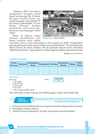 62 Bahasa Indonesia Kelas XI SMA/MA Program IPA dan IPS
Gubernur DKI, Fauzi Bowo
melaporkan, kerugian akibat
banjir itu mencapai Rp 10 miliar.
Kerugian tersebut belum ter-
masuk kerugian yang diderita PT
KA Daops I Jabodetabek, PT Jasa
Marga (Persero) maupun
perusahaan, serta pusat per-
kantoran yang terganggu akibat
banjir.
Banjir di Jakarta pekan
kemarin membuktikan, jika
banjir tersebut nyata akibat
kerusakan drainase serta berkurangnya area resapan air akibat ‘terdegradasi’
gedung-gedung pencakar langit maupun pusat perbelanjaan. ‘’Ini memang banjir
akibat drainase di sekitar bandara serta di sejumlah wilayah rusak, dan bukan
akibat banjir kiriman,’’papar gubernur, dalam rapat koordinasi penanganan banjir.
Sumber: www.indosiar.com
Lembar Penilaian
Keterangan:
Beri nilai:
- 1, jika gagal
- 2, jika kurang
- 3, jika cukup
- 4, jika baik
- 5, jika sempurna/baik sekali
Jika nilai kamu cukup, kurang, atau bahkan gagal, jangan ragu belajar lagi.
1. Coba kamu tulis kembali isi berita yang kamu bacakan dengan kalimat sendiri.
2. Bandingkan dengan aslinya!
3. Adakah banyak perbedaan? Ukurlah kemampuan pemahamanmu!
Kerjakan di buku tugasmu!
Total nilai
5
Nilai =
Gambar 3.2 Banjir Jakarta.
Intonasi
. . . .
. . . .
. . . .
Ketepatan
Kata
Penjedaan Volume
Kejelasan
Berita
Sikap
Total
Nilai
Nama
Kawan
. . . .
. . . .
. . . .
. . . .
. . . .
. . . .
. . . .
. . . .
. . . .
. . . .
. . . .
. . . .
. . . .
. . . .
. . . .
. . . .
. . . .
. . . .
. . . .
. . . .
. . . .
5
 