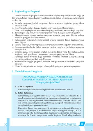 65Kesadaran Masyarakat
1. Bagian-Bagian Proposal
Penulisan sebuah proposal mencantumkan bagian-bagiannya secara lengkap
dan urut.Adapun bagian-bagian yang biasa ditulis dalam sebuah proposal meliputi
berikut ini.
a. Kepala proposal/judul proposal, berupa nama kegiatan yang akan
dilaksanakan.
b. Jenis/nama kegiatan, berupa bagian apa yang akan dilaksanakan.
c. Latar belakang kegiatan, berupa uraian yang mendasari terbentuknya kegiatan.
d. Tema/topik kegiatan, berupa ide/gagasan yang diangkat dalam kegiatan.
e. Maksud/tujuan, berupa uraian mengenai sesuatu yang akan dicapai dalam
kegiatan yang telah direncanakan.
f. Pelaksanaan kegiatan, berupa tempat, waktu, suasana dalam kegiatan yang
akan digelar.
g. Peserta kegiatan, berupa penjelasan mengenai sasaran kegiatan (masyarakat).
h. Susunan panitia, berisi daftar susunan panitia yang bekerja, baik perorangan
maupun tim.
i. Estimasi dana, berisi uraian singkat mengenai biaya yang diperlukan dalam
kegiatan, baik gambaran pemasukan maupun pengeluaran biaya.
j. Penutup, berisi motivasi bagi pembaca (donatur, sponsor, dan pihak yang
berpartisipasi) untuk ikut ambil bagian.
k. Tempat dan tanggal proposal disusun, berupa tempat dan waktu proposal
disusun.
l. Nama terang dan tanda tangan pihak-pihak yang menyususun proposal.
2. Contoh Proposal Kegiatan
PROPOSALPAMERANREGIONALFILATELI
DANPELATIHANFILATELISREMAJASE-BALI
Gianyar, 6 - 8 Juni 2007
A. Nama Kegiatan
Pameran regional filateli dan pelatihan filatelis remaja se-Bali
B. Latar Belakang
Perkembangan kegiatan filateli saat ini, khususnya di Provinsi Bali
sudah semakin meningkat seiring dengan meningkatnya pemahaman
masyarakat tentang manfaat benda-benda filateli. Namun, di satu sisi
lain ancaman dari kegiatan-kegiatan negatif, seperti narkoba senantiasa
menghantui para generasi muda.
Untuk itu, dalam rangka membentengi para generasi muda khususnya
remaja dari pengaruh narkoba dan kegiatan negatif lainnya, maka
dipandang perlu diselenggarakan kegiatan yang mampu menggugah
semangat dan kreativitas generasi muda. Kegiatan filateli sebagai sebuah
 