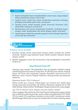 69Kesadaran Masyarakat
Refleksi
• Sudah mampukah kamu mengidentifikasi unsur-unsur yang terdapat
dalam pementasan drama secara baik?
• Apakah kamu sudah bisa untuk memberikan komentar terhadap
pendapat narasumber pada suatu wawancara?
• Apakah kamu sudah mampu untuk mencatat informasi dari
narasumber tentang isi wawancara?
• Membacakan teks berita memerlukan keahlian. Sudahkah kamu
mampu untuk membacakan teks berita dengan teknik yang baik?
• Apakah kamu sudah bisa menulis proposal untuk berbagai keperluan
secara baik dan sistematis?
Kerjakan sesuai perintah!
1. Karakter pelaku drama diperankan dengan tehnik analitik dan tehnik
dramatik. Apakah yang dimaksud kedua tehnik tersebut. Jelaskan disertai
dengan contoh!
2. Berilah tanggapan sesuai dari pernyataan yang diungkapkan narasumber
berikut ini!
Bagai Rumah Tanpa WC
Namanya juga sampah. Tak dipedulikan dan tak digubris. Padahal sampah
adalah biang kesemrawutan di setiap kota. Di TPS Rawasari, Jakarta, berjarak
hanya 100 meter dari tumpukan sampah, Republika mewawancarai Sri
Bebassari, ketua Asosiasi Sampah Indonesia, tentang kondisi persampahan
Indonesia.
Bagaimana kondisi TPA di Indonesia?
Semua masih open clumping. Paling bagus open dumping plus. Kalah sama
kucing yang kalau buang hajat saja ditutup. Sementara sampah kita di TPA
tidak ditutup. Masih primitif. Bandingkan dengan bandara kita yang canggih.
Apa TPA di Indonesia masih sanggup menerima pasokan sampah?
Harus sanggup. Mau ditelan ke mana lagi? Karena itulah pengurangan sampah
dari sumbernya terhitung penting, supaya sedikit yang dibuang ke TPA. Sebab
TPA itu mahal. TPA yang benar namanya sanitary landfill. Investasinya sekitar
Rp100 hingga 300 juta per ton per hari. Jangan lihat itu mahal. Memang segitu
 