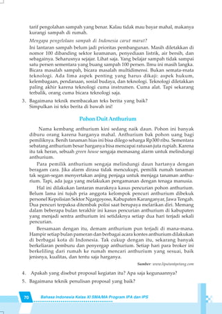 70 Bahasa Indonesia Kelas XI SMA/MA Program IPA dan IPS
tarif pengolahan sampah yang benar. Kalau tidak mau bayar mahal, makanya
kurangi sampah di rumah.
Mengapa pengelolaan sampah di Indonesia carut marut?
Ini lantaran sampah belum jadi prioritas pembangunan. Masih diletakkan di
nomor 100 dibanding sektor keamanan, penyediaan listrik, air bersih, dan
sebagainya. Seharusnya sejajar. Lihat saja. Yang belajar sampah tidak sampai
satu persen sementara yang buang sampah 100 persen. llmu ini masih langka.
Bicara masalah sampah, bicara masalah multidimensi. Bukan semata-rnata
teknologi. Ada lima aspek penting yang harus dikaji: aspek hukum,
kelembagaan, pendanaan, sosial budaya, dan teknologi. Teknologi diletakkan
paling akhir karena teknologi cuma instrumen. Cuma alat. Tapi sekarang
terbalik, orang cuma bicara teknologi saja.
3. Bagaimana teknik membacakan teks berita yang baik?
Simpulkan isi teks berita di bawah ini!
PohonDuitAnthurium
Nama kembang anthurium kini sedang naik daun. Pohon ini banyak
diburu orang karena harganya mahal. Anthurium bak pohon uang bagi
pemiliknya. Benih tanaman hias ini bisa dilego seharga Rp300 ribu. Sementara
sebatang anthurium besar harganya bisa mencapai ratusan juta rupiah. Karena
itu tak heran, sebuah green house sengaja memasang alarm untuk melindungi
anthurium.
Para pemilik anthurium sengaja melindungi daun hartanya dengan
beragam cara. Jika alarm dirasa tidak mencukupi, pemilik rumah tanaman
tak segan-segan menyertakan anjing penjaga untuk menjaga tanaman anthu-
rium. Tapi, ada juga yang melakukan pengamanan dengan tenaga manusia.
Hal ini dilakukan lantaran maraknya kasus pencurian pohon anthurium.
Belum lama ini tujuh pria anggota kelompok pencuri anthurium dibekuk
personel Kepolisian Sektor Ngargoyoso, Kabupaten Karanganyar, Jawa Tengah.
Dua pencuri terpaksa ditembak polisi saat berupaya melarikan diri. Memang
dalam beberapa bulan terakhir ini kasus pencurian anthurium di kabupaten
yang menjadi sentra anthurium ini setidaknya setiap dua hari terjadi sekali
pencurian.
Bersamaan dengan itu, demam anthurium pun terjadi di mana-mana.
Hampir setiap bulan pameran dan berbagai acara kontes anthurium dilakukan
di berbagai kota di Indonesia. Tak cukup dengan itu, sekarang banyak
berkeliaran pemburu dan penyergap anthurium. Setiap hari para broker ini
berkeliling dari rumah ke rumah mencari anthurium yang sesuai, baik
jenisnya, kualitas, dan tentu saja harganya.
Sumber: www.liputan6petang.com
4. Apakah yang disebut proposal kegiatan itu? Apa saja kegunaannya?
5. Bagaimana teknik penulisan proposal yang baik?
 