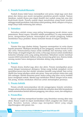 78 Bahasa Indonesia Kelas XI SMA/MA Program Studi IPA dan IPS
1. PenulisNaskah/Skenario
Naskah drama tidak hanya menonjolkan seni peran, tetapi juga sarat akan
pesan dan idenya pun murni merupakan pemikiran penulis naskah. Namun
demikian, naskah drama pun dapat diambil dari naskah orang lain atau dari
kisah-kisah klasik. Penulis naskah dapat menafsirkan ulang kisah tersebut
sehingga terjadi perubahan, baik dalam sudut pandang, tokoh, ataupun settingnya,
tetapi isinya tidak melenceng dari aslinya.
2. Sutradara
Sutradara adalah orang yang paling bertanggung jawab dalam suatu
pementasan. Ibarat negara, sutradara adalah presidennya. la yang memutuskan
peran, mengarahkan pemain, menuangkan ide artistik panggung, bahkan
memikirkan biaya produksi. Semua komando berada di tangan sutradara.
3. Narator
Narator bisa juga disebut dalang. Tugasnya memaparkan isi cerita drama
kepada penonton. Meskipun berakting di atas panggung, narator berada di luar
alur cerita. Pemunculannya hanya untuk membuka dan menutup suatu cerita.
Akan tetapi, di tengah-tengah alur cerita, ia bisa juga muncul untuk memberikan
komentar terhadap cerita yang sedang dimainkan. Kehadiran narator membuat
suasana lebih komunikatif, bahkan sering memancing gelak tawa. Karena itulah,
seorang narator harus mempunyai kekuatan akting yang maksimal.
4. Pemain
Pemain drama disebut juga aktor dan aktris. Pemain mendapatkan peran
sesuai dengan kamampuan aktingnya. Setiap orang berhak mengikuti casting
(pemilihan peran) dan dari situlah, sutradara memilih yang terbaik. Saat casting,
dipilih dua orang sekaligus untuk satu peran. Yang satu pemain utama dan yang
lain cadangan. Setelah menerima peran, kedua orang yang lulus casting tersebut
harus menghapal naskah. Mereka juga melakukan diskusi dengan lawan main.
Tak jarang, mereka melakukan observasi untuk memantapkan perannya.
5. Penata Artistik
Penata artistik menyampaikan ide-ide panggungnya kepada sutradara.
Dengan adanya diskusi antara penata artistik dan sutradara akan lahir kesepakatan
untuk menentukan bentuk dekorasi panggung, tata cahaya, suara, dan sebagainya.
6. Penata Rias
Riasan wajah bisa memperkuat karakter yang dimainkan seorang aktor atau
aktris. Riasan wajah ini dapat membedakan tokoh yangjahat dan tokoh yang
baik. Karakter, kostum, cahaya juga merupakan faktor yang sangat
diperhitungkan oleh penata rias.
 