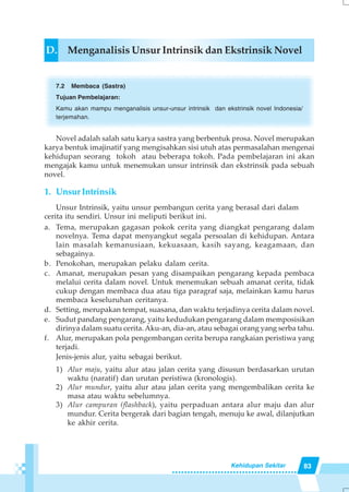 83Kehidupan Sekitar
D. Menganalisis Unsur Intrinsik dan Ekstrinsik Novel
7.2 Membaca (Sastra)
Tujuan Pembelajaran:
Kamu akan mampu menganalisis unsur-unsur intrinsik dan ekstrinsik novel Indonesia/
terjemahan.
Novel adalah salah satu karya sastra yang berbentuk prosa. Novel merupakan
karya bentuk imajinatif yang mengisahkan sisi utuh atas permasalahan mengenai
kehidupan seorang tokoh atau beberapa tokoh. Pada pembelajaran ini akan
mengajak kamu untuk menemukan unsur intrinsik dan ekstrinsik pada sebuah
novel.
1. Unsur Intrinsik
Unsur Intrinsik, yaitu unsur pembangun cerita yang berasal dari dalam
cerita itu sendiri. Unsur ini meliputi berikut ini.
a. Tema, merupakan gagasan pokok cerita yang diangkat pengarang dalam
novelnya. Tema dapat menyangkut segala persoalan di kehidupan. Antara
lain masalah kemanusiaan, kekuasaan, kasih sayang, keagamaan, dan
sebagainya.
b. Penokohan, merupakan pelaku dalam cerita.
c. Amanat, merupakan pesan yang disampaikan pengarang kepada pembaca
melalui cerita dalam novel. Untuk menemukan sebuah amanat cerita, tidak
cukup dengan membaca dua atau tiga paragraf saja, melainkan kamu harus
membaca keseluruhan ceritanya.
d. Setting, merupakan tempat, suasana, dan waktu terjadinya cerita dalam novel.
e. Sudut pandang pengarang, yaitu kedudukan pengarang dalam memposisikan
dirinya dalam suatu cerita.Aku-an, dia-an, atau sebagai orang yang serba tahu.
f. Alur, merupakan pola pengembangan cerita berupa rangkaian peristiwa yang
terjadi.
Jenis-jenis alur, yaitu sebagai berikut.
1) Alur maju, yaitu alur atau jalan cerita yang disusun berdasarkan urutan
waktu (naratif) dan urutan peristiwa (kronologis).
2) Alur mundur, yaitu alur atau jalan cerita yang mengembalikan cerita ke
masa atau waktu sebelumnya.
3) Alur campuran (flashback), yaitu perpaduan antara alur maju dan alur
mundur. Cerita bergerak dari bagian tengah, menuju ke awal, dilanjutkan
ke akhir cerita.
 