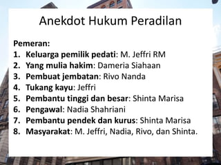 Anekdot Hukum Peradilan
Pemeran:
1. Keluarga pemilik pedati: M. Jeffri RM
2. Yang mulia hakim: Dameria Siahaan
3. Pembuat jembatan: Rivo Nanda
4. Tukang kayu: Jeffri
5. Pembantu tinggi dan besar: Shinta Marisa
6. Pengawal: Nadia Shahriani
7. Pembantu pendek dan kurus: Shinta Marisa
8. Masyarakat: M. Jeffri, Nadia, Rivo, dan Shinta.
 