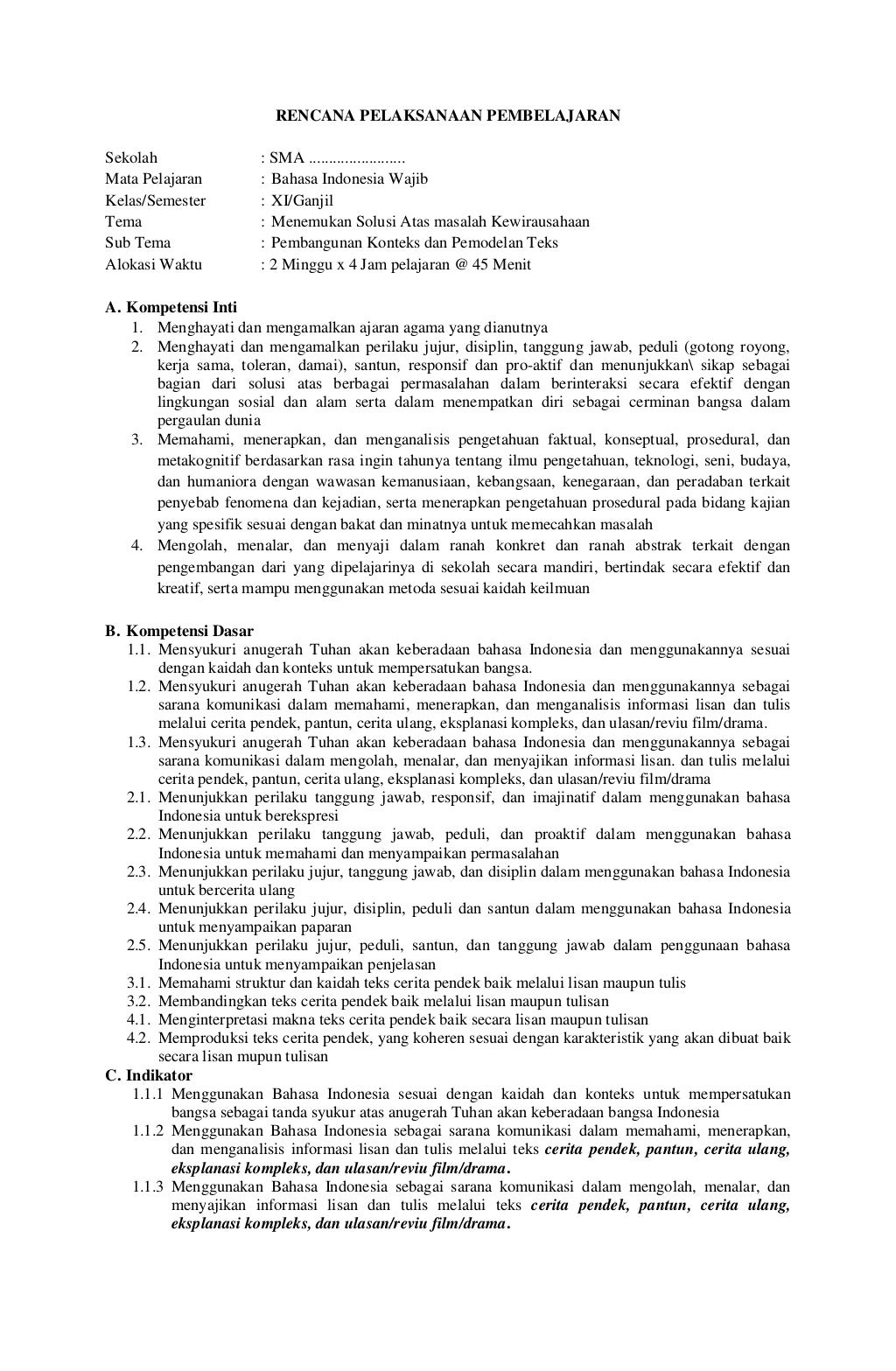 RPP SMA Bahasa indonesia kelas XI