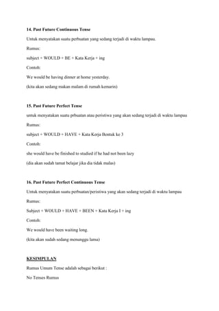 14. Past Future Continuous Tense
Untuk menyatakan suatu perbuatan yang sedang terjadi di waktu lampau.
Rumus:
subject + WOULD + BE + Kata Kerja + ing
Contoh:
We would be having dinner at home yesterday.
(kita akan sedang makan malam di rumah kemarin)
15. Past Future Perfect Tense
untuk menyatakan suatu prbuatan atau peristiwa yang akan sedang terjadi di waktu lampau
Rumus:
subject + WOULD + HAVE + Kata Kerja Bentuk ke 3
Contoh:
she would have be finished to studied if he had not been lazy
(dia akan sudah tamat belajar jika dia tidak malas)
16. Past Future Perfect Continuous Tense
Untuk menyatakan suatu perbuatan/peristiwa yang akan sedang terjadi di waktu lampau
Rumus:
Subject + WOULD + HAVE + BEEN + Kata Kerja I + ing
Contoh:
We would have been waiting long.
(kita akan sudah sedang menunggu lama)
KESIMPULAN
Rumus Umum Tense adalah sebagai berikut :
No Tenses Rumus
 
