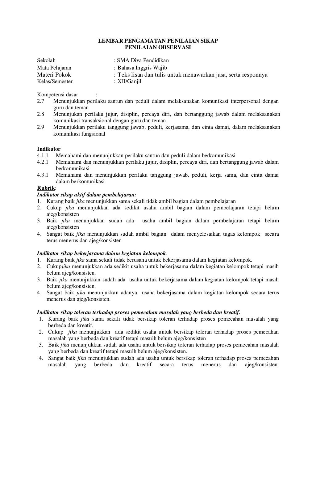 RPP SMA Bahasa Inggris Kelas XII