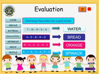 Evaluation
COVER

Rearrange these letter into a good words!

Rearrange these letter into a good words!

PREFACE
MATERIAL
EVALUATION

T–W–R–E–A

WATER

A–E–B–R–D

BREAD

R–O–A–G–N–E

ORANGE

REFERENCE
GROUP
PROFILE

N–I–K–C–A–P–S

SPINACK

BACK

NEXT

 
