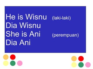 He is Wisnu (laki-laki) Dia Wisnu She is Ani (perempuan) Dia Ani 