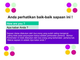 Anda perhatikan baik-baik sapaan ini ! Sapaan diatas dilakukan oleh dua orang yang sudah saling mengenal, paling tidak pada perjumpaan kedua setelah perkenalan pertama.  Bentuk  Perkenalan ini tidak dilakukan oleh dua orang yang berkenalan  pertama kali.  Makna sapaan ini adalah  Apa kabar anda ? How are you ? Apa kabar Anda ? 