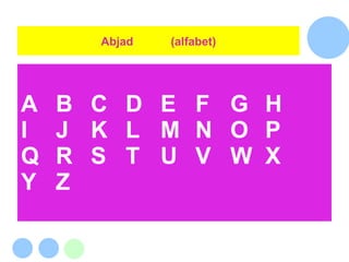 A B C D E F G H I J K L M N O P Q R S T U V W X Y Z Abjad (alfabet) 