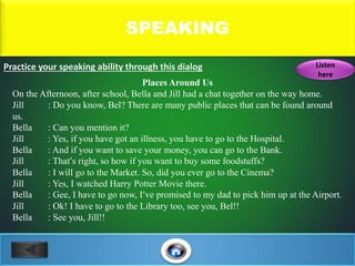 SPEAKING
Places Around Us
On the Afternoon, after school, Bella and Jill had a chat together on the way home.
Jill : Do you know, Bel? There are many public places that can be found around
us.
Bella : Can you mention it?
Jill : Yes, if you have got an illness, you have to go to the Hospital.
Bella : And if you want to save your money, you can go to the Bank.
Jill : That’s right, so how if you want to buy some foodstuffs?
Bella : I will go to the Market. So, did you ever go to the Cinema?
Jill : Yes, I watched Harry Potter Movie there.
Bella : Gee, I have to go now, I’ve promised to my dad to pick him up at the Airport.
Jill : Ok! I have to go to the Library too, see you, Bel!!
Bella : See you, Jill!!
Practice your speaking ability through this dialog Listen
here
 