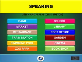 LISTEN AND REPEAT (CLICK BUTTON)
SPEAKING
BANK
MARKET
RESTAURANT
TRAIN STATION
SWIMMING POOL
ZOO PARK
CINEMA
GARDEN
POST OFFICE
LIBRARY
SCHOOL
BOOK SHOP
 