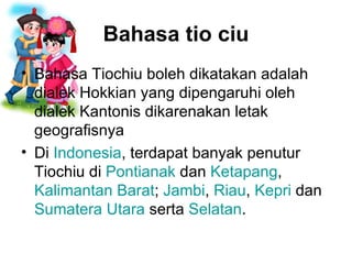 Bahasa tio ciu Bahasa Tiochiu boleh dikatakan adalah dialek Hokkian yang dipengaruhi oleh dialek Kantonis dikarenakan letak geografisnya   Di  Indonesia , terdapat banyak penutur Tiochiu di  Pontianak  dan  Ketapang ,  Kalimantan Barat ;  Jambi ,  Riau ,  Kepri  dan  Sumatera Utara  serta  Selatan . 