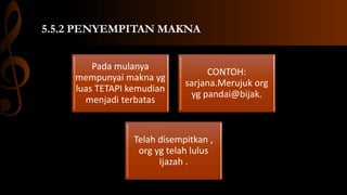 5.5.2 PENYEMPITAN MAKNA
Pada mulanya
mempunyai makna yg
luas TETAPI kemudian
menjadi terbatas
CONTOH:
sarjana.Merujuk org
yg pandai@bijak.
Telah disempitkan ,
org yg telah lulus
Ijazah .
 