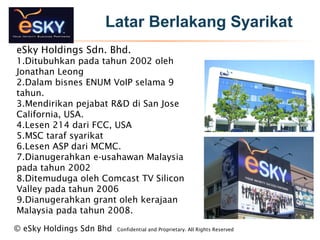 Latar Berlakang Syarikat
eSky Holdings Sdn. Bhd.
1.Ditubuhkan pada tahun 2002 oleh
Jonathan Leong
2.Dalam bisnes ENUM VoIP selama 9
tahun.
3.Mendirikan pejabat R&D di San Jose
California, USA.
4.Lesen 214 dari FCC, USA
5.MSC taraf syarikat
6.Lesen ASP dari MCMC.
7.Dianugerahkan e-usahawan Malaysia
pada tahun 2002
8.Ditemuduga oleh Comcast TV Silicon
Valley pada tahun 2006
9.Dianugerahkan grant oleh kerajaan
Malaysia pada tahun 2008.
? eSky Holdings Sdn Bhd Confidential and Proprietary. All Rights Reserved?
 