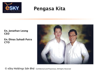 Pengasa Kita
? eSky Holdings Sdn Bhd Confidential and Proprietary. All Rights Reserved?
En. Jonathan Leong
CEO
En. Dinas Suhadi Putra
CTO
 