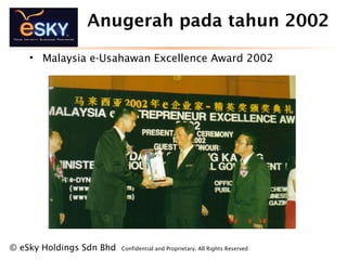 ? eSky Holdings Sdn Bhd Confidential and Proprietary. All Rights Reserved?
Anugerah pada tahun 2002
? Malaysia e-Usahawan Excellence Award 2002
 