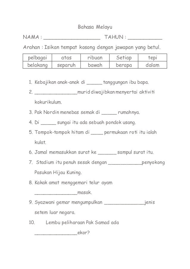 Latihan Kata Arah Tahun 1  Atas bawah tepi antara hadapan utara sisi