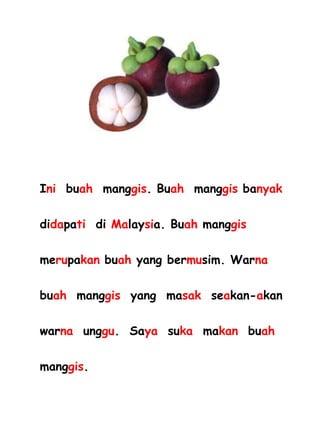 Ini buah manggis. Buah manggis banyak
didapati di Malaysia. Buah manggis
merupakan buah yang bermusim. Warna
buah manggis yang masak seakan-akan
warna unggu. Saya suka makan buah
manggis.
 