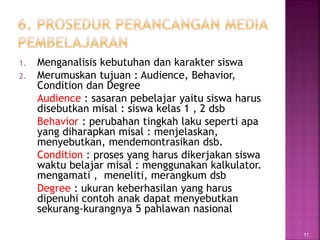 1. Menganalisis kebutuhan dan karakter siswa
2. Merumuskan tujuan : Audience, Behavior,
Condition dan Degree
Audience : sasaran pebelajar yaitu siswa harus
disebutkan misal : siswa kelas 1 , 2 dsb
Behavior : perubahan tingkah laku seperti apa
yang diharapkan misal : menjelaskan,
menyebutkan, mendemontrasikan dsb.
Condition : proses yang harus dikerjakan siswa
waktu belajar misal : menggunakan kalkulator.
mengamati , meneliti, merangkum dsb
Degree : ukuran keberhasilan yang harus
dipenuhi contoh anak dapat menyebutkan
sekurang-kurangnya 5 pahlawan nasional
11
 