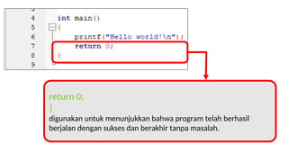 return 0;
}
digunakan untuk menunjukkan bahwa program telah berhasil
berjalan dengan sukses dan berakhir tanpa masalah.
 