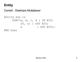 Bahasa VHDL 8
Entity
Contoh : Deskripsi Multiplexer
Entity mux is
PORT(a, b, c, d : IN BIT;
s0, s1 : OUT BIT;
x : OUT BIT);
END mux;
 