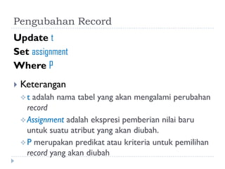 Pengubahan Record
Update t
Set assignment
Where P
 Keterangan
t adalah nama tabel yang akan mengalami perubahan
record
Assignment adalah ekspresi pemberian nilai baru
untuk suatu atribut yang akan diubah.
P merupakan predikat atau kriteria untuk pemilihan
record yang akan diubah
 