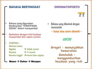 BAHASA BERTINGKAT

• Bahasa yang digunakan
berdasarkan “STRATIFIKASI
SOSIAL” dalam masayarakat
• Berkaitan dengan nilai budaya
masyarakat dan sopan santun
• CONTOH :
Bahasa Jawa
Ngoko
 tidak resmi
Kromo
 ½ resmi
Kromo Inggil resmi dan sopan
Maem  Dahar  Mangan

ONOMATOPOETIS

• Bahasa yang dibentuk dengan
mencontoh
-- bunyi atau suara alamiah –
CONTOH

Greget : menunjukkan
kemarahan
Gemlodak :
menggambarkan
keadaan yang riuh

 