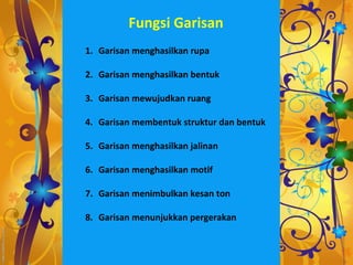 Fungsi Garisan
1. Garisan menghasilkan rupa

2. Garisan menghasilkan bentuk

3. Garisan mewujudkan ruang

4. Garisan membentuk struktur dan bentuk

5. Garisan menghasilkan jalinan

6. Garisan menghasilkan motif

7. Garisan menimbulkan kesan ton

8. Garisan menunjukkan pergerakan
 