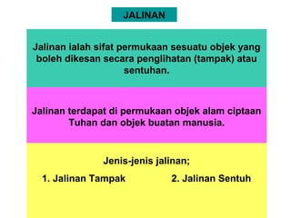 JALINAN
Jalinan ialah sifat permukaan sesuatu objek yang
boleh dikesan secara penglihatan (tampak) atau
sentuhan.
Jalinan terdapat di permukaan objek alam ciptaan
Tuhan dan objek buatan manusia.
Jenis-jenis jalinan;
1. Jalinan Tampak 2. Jalinan Sentuh
 