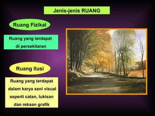 Ruang Fizikal
Jenis-jenis RUANG
Ruang yang terdapat
di persekitaran
Ruang Ilusi
Ruang yang terdapat
dalam karya seni visual
seperti catan, lukisan
dan rekaan grafik
 