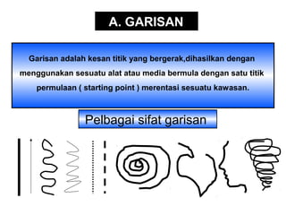 A. GARISAN
Garisan adalah kesan titik yang bergerak,dihasilkan dengan
menggunakan sesuatu alat atau media bermula dengan satu titik
permulaan ( starting point ) merentasi sesuatu kawasan.
Pelbagai sifat garisan
 