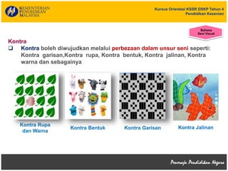 Kursus Orientasi KSSR DSKP Tahun 4
Pendidikan Kesenian
Kontra
 Kontra boleh diwujudkan melalui perbezaan dalam unsur seni seperti:
Kontra garisan,Kontra rupa, Kontra bentuk, Kontra jalinan, Kontra
warna dan sebagainya
Kontra Bentuk
Kontra Rupa
dan Warna
Kontra Garisan Kontra Jalinan
Bahasa
Seni Visual
 
