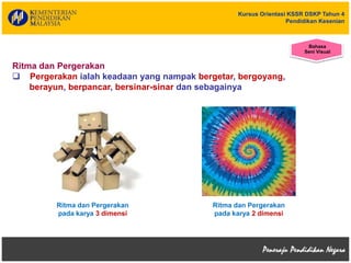 Kursus Orientasi KSSR DSKP Tahun 4
Pendidikan Kesenian
Ritma dan Pergerakan
 Pergerakan ialah keadaan yang nampak bergetar, bergoyang,
berayun, berpancar, bersinar-sinar dan sebagainya
Ritma dan Pergerakan
pada karya 3 dimensi
Ritma dan Pergerakan
pada karya 2 dimensi
Bahasa
Seni Visual
 