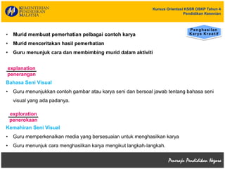 Kursus Orientasi KSSR DSKP Tahun 4
Pendidikan Kesenian
• Murid membuat pemerhatian pelbagai contoh karya
• Murid menceritakan hasil pemerhatian
• Guru menunjuk cara dan membimbing murid dalam aktiviti
Bahasa Seni Visual
• Guru menunjukkan contoh gambar atau karya seni dan bersoal jawab tentang bahasa seni
visual yang ada padanya.
Kemahiran Seni Visual
• Guru memperkenalkan media yang bersesuaian untuk menghasilkan karya
• Guru menunjuk cara menghasilkan karya mengikut langkah-langkah.
explanation
penerangan
exploration
penerokaan
Penghasilan
Karya Kreatif
 